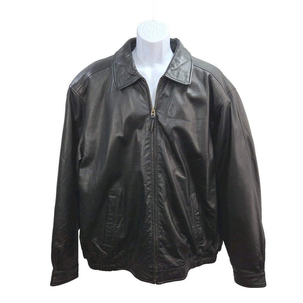 Croft & Barrow Black Leather Jacket Men Sz XL Tall Zip Quilt Lined Bomber Coat